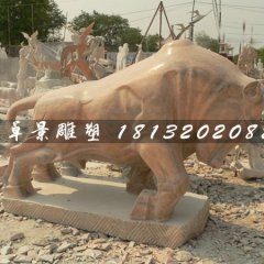 石雕牛，晚霞紅牛雕塑，晚霞紅石頭牛雕塑