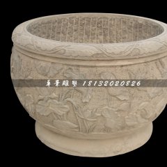 水缸石雕，荷花浮雕水缸