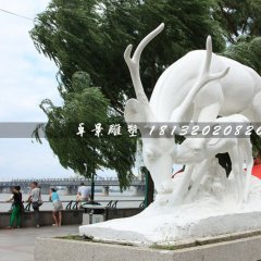 母子鹿石雕，漢白玉動物雕塑