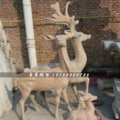 三只鹿石雕，晚霞紅動物雕塑