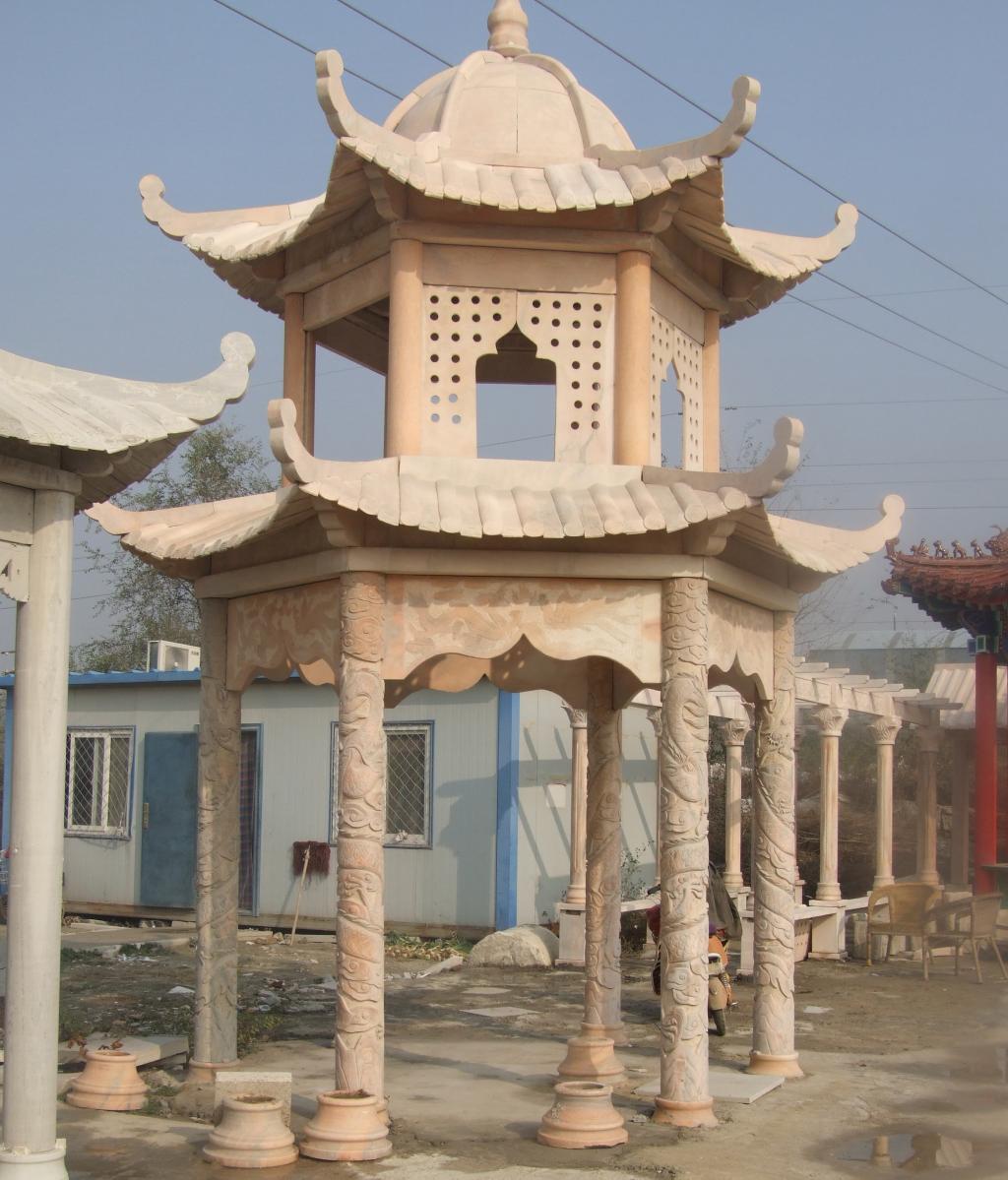 雙層涼亭石雕，晚霞紅涼亭