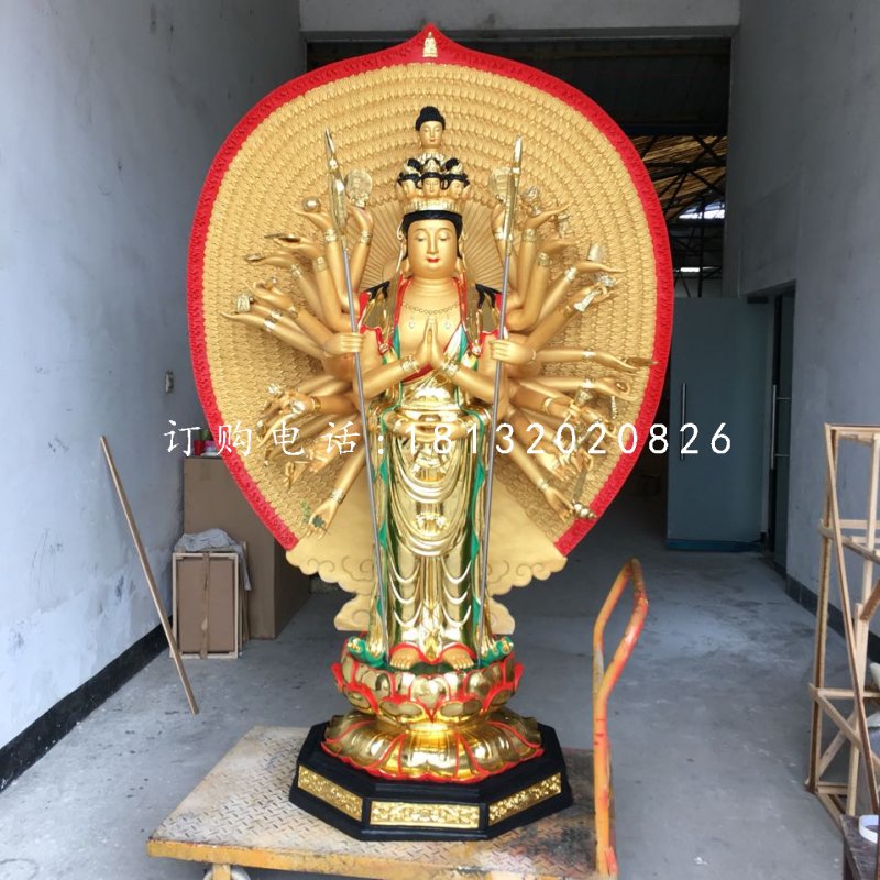 貼金千手觀音，玻璃鋼立式佛像