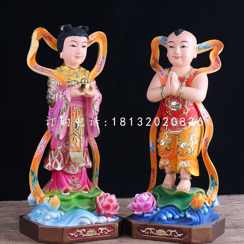 玻璃鋼善財(cái)童子龍女雕塑，彩繪神像雕塑