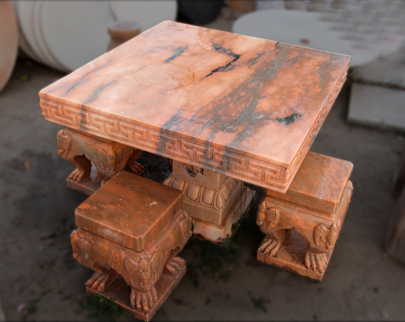石雕桌椅，晚霞紅石雕
