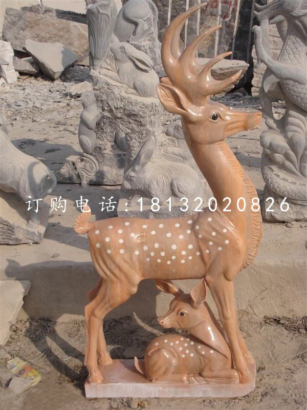 梅花鹿石雕，晚霞紅母子鹿石雕